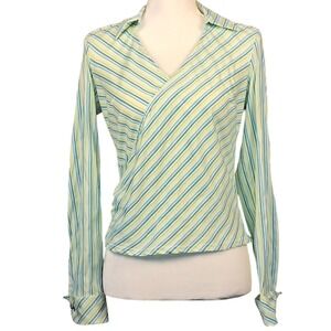 KYE S Korean Designer Green Striped‎ Wrap Blouse Long Sleeve Swarovski Crystal